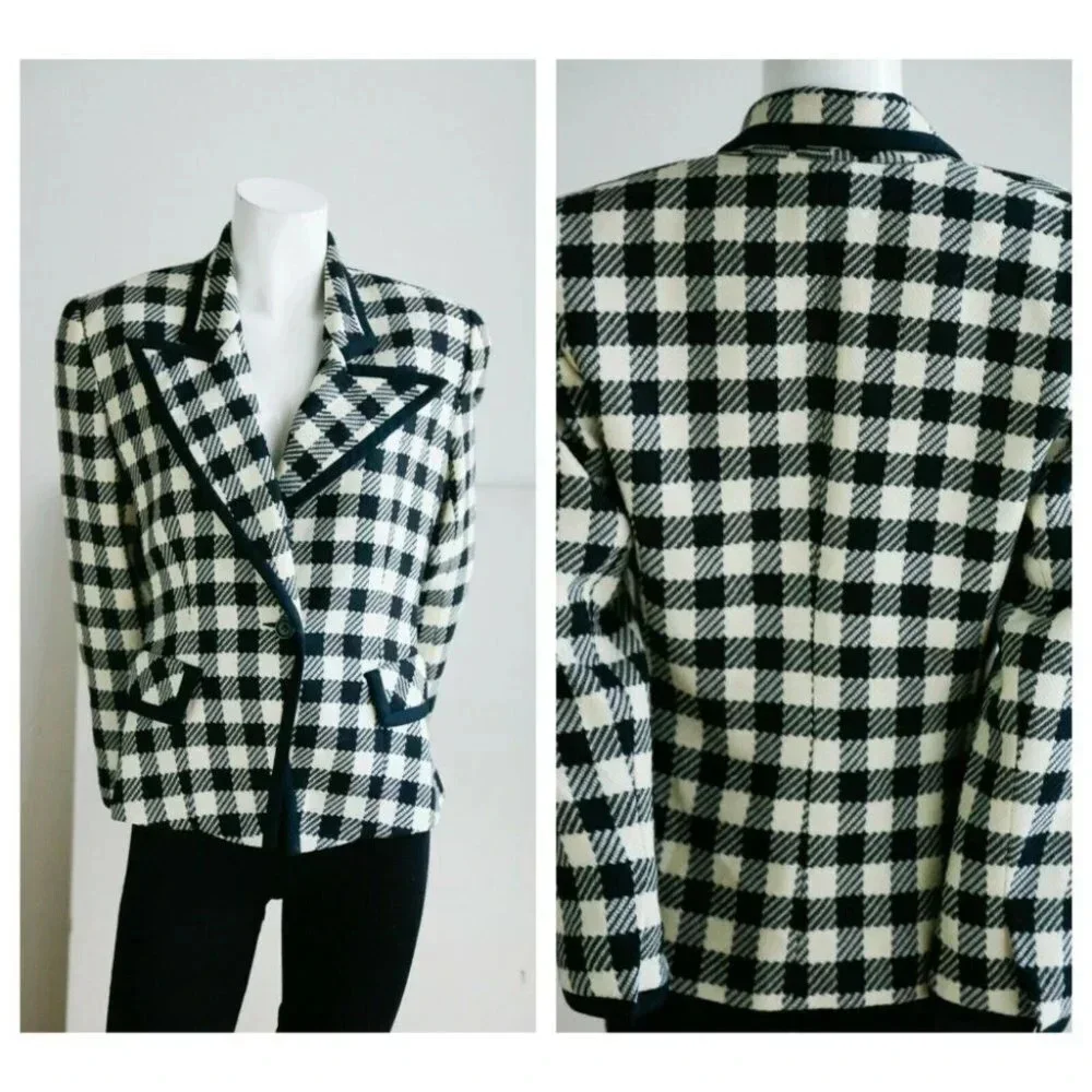 Vintage Wool Black White PlAid Notched Collar Fitted Cropped Chic Blazer M